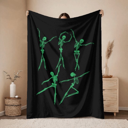 Green Dancing Skeleton Throw Blankets