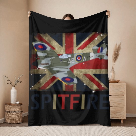 Spitfire WW2 Fighter Aircraft Airplane Union Jack Throw Blankets
