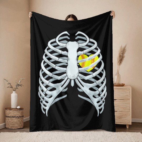 Funny Softbal Heart Skeleton Rib Cage Halloween Throw Blankets