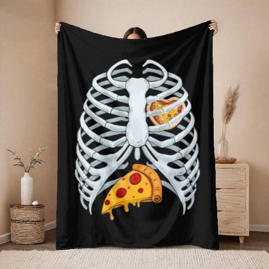 Funny PIzza Skeleton Rib Cage Halloween Costume Throw Blankets