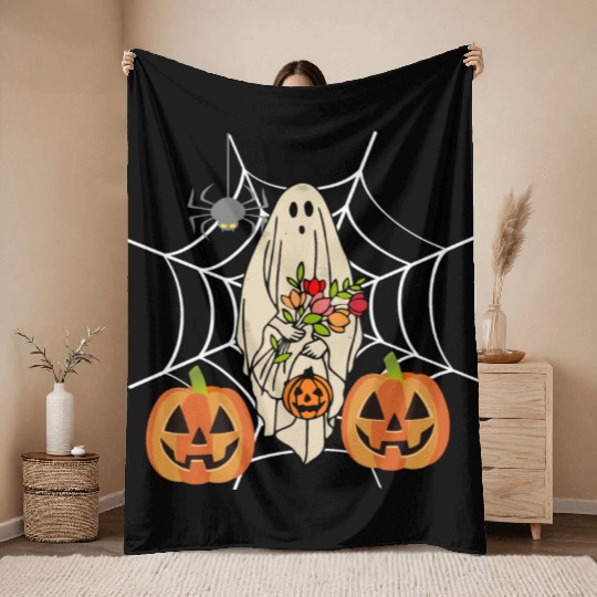 Halloween Costume Floral Ghost Pumpkin SpiderWeb Throw Blankets