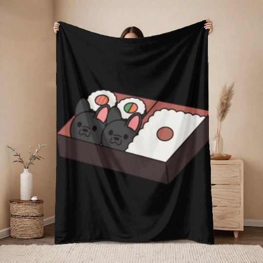 Sushi Bento Box French Bulldog Throw Blankets