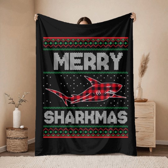 Merry Sharkmas Christmas Shark Lover Funny Xmas Throw Blankets