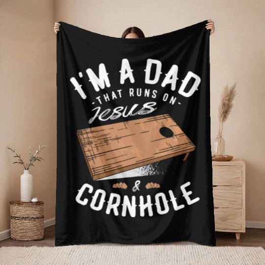 A Dad That Runs On Jesus And Cornhole Christian Throw Blankets