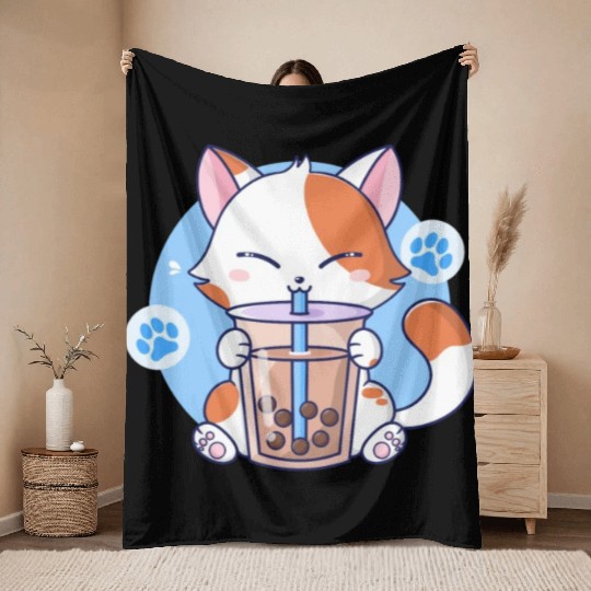 Cat Boba Tea Bubble Tea Kawaii Anime Japanese Neko Throw Blankets