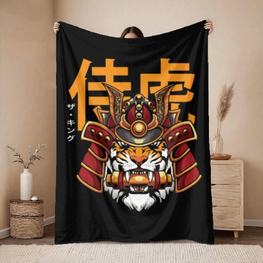 Japanese Tiger on Samurai Helmet Throw Blankets
