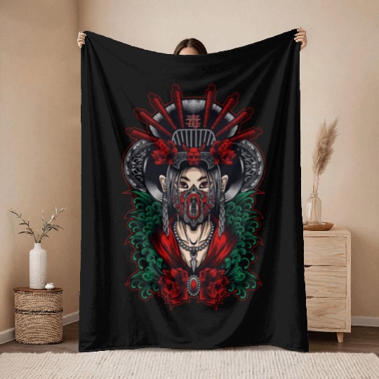 Toxic Geisha Gasmask Woman Warrior Fighter slayer Throw Blankets