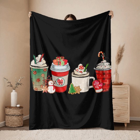 Merry Christmas Coffee Snowman Latte Peppermint Throw Blankets