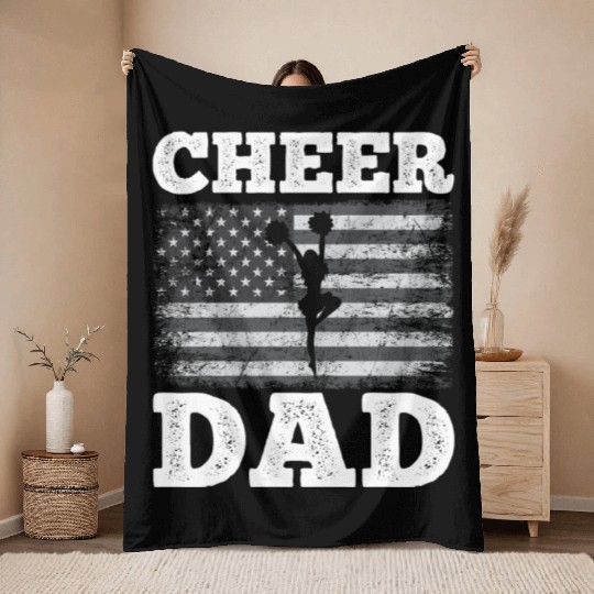 Cheer Dad American Flag Vintage Funny Cheerleader Throw Blankets