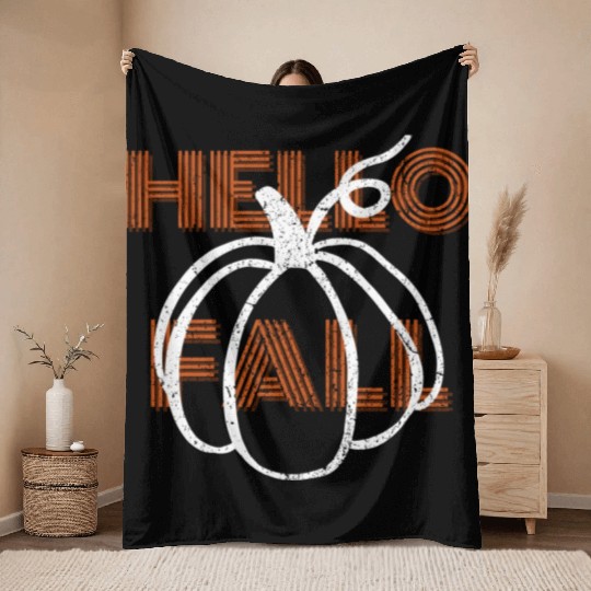 Hello Fall Cute Nature Autumn Pumpkins Throw Blankets