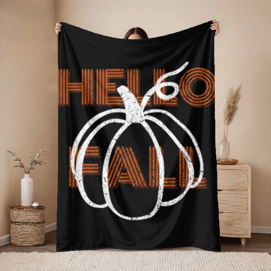 Hello Fall Cute Nature Autumn Pumpkins Throw Blankets