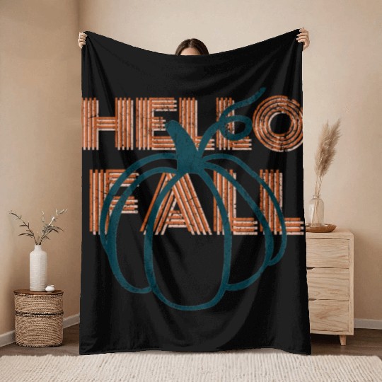 Hello Fall Cute Nature Autumn Pumpkins Throw Blankets
