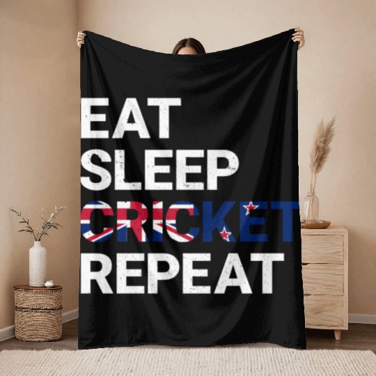 Eat Sleep Cricket Repeat NZ Flag Sports Gift Throw Blankets