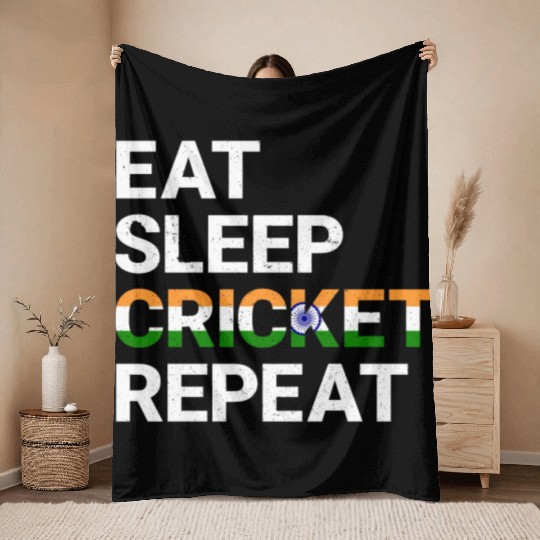 Eat Sleep Cricket Repeat IND Flag Sports Gift Throw Blankets