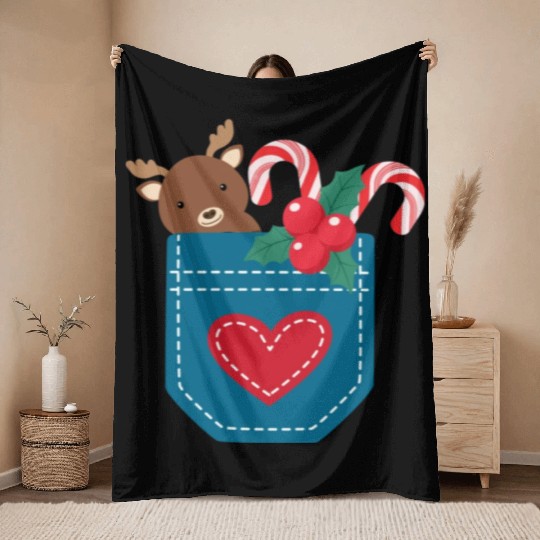 Christmas moose peppermint pocket Throw Blankets