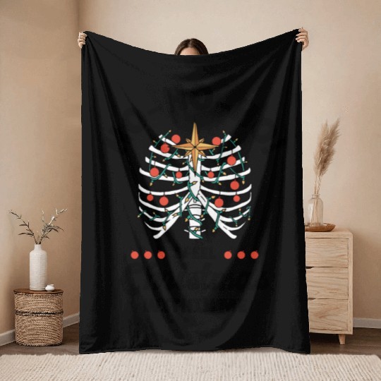 Christmas Holiday Skeleton Rib Cage Radiology Throw Blankets