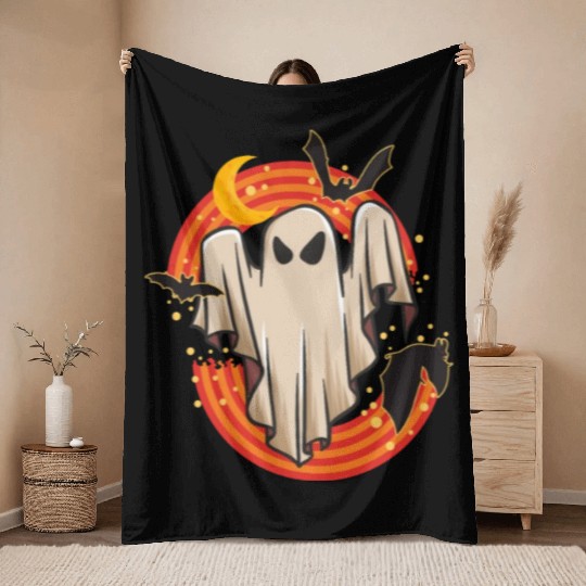 Halloween Theme Cute Ghost Bat Rainbow Coffee Throw Blankets