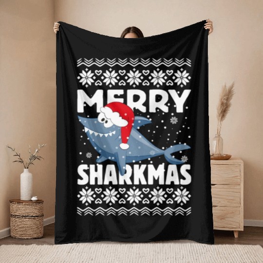 Santa Shark Christmas Merry Sharkmas Throw Blankets