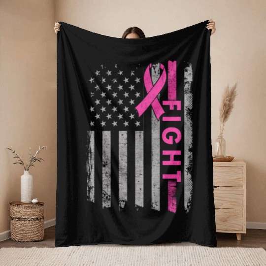 Fight Breast Cancer Awareness Pink Ribbon US Flag Throw Blankets