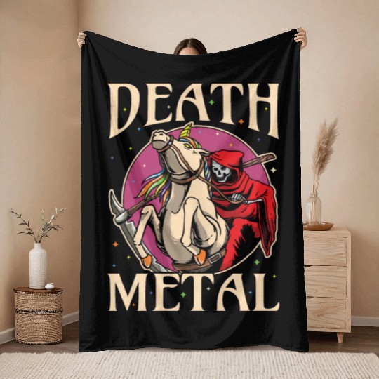 Reaper Rock Satan Unicorn Festivals Death Metal Throw Blankets