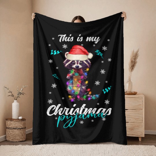 Winter Christmas Pyjama Raccoon Throw Blankets