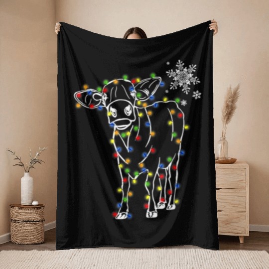 Cow Christmas Light Tree Cow Xmas Snow Lover Throw Blankets