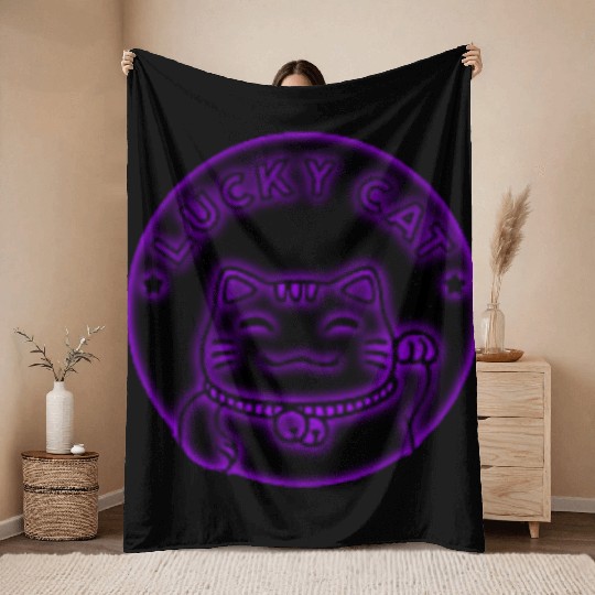 Purple neon lucky cat Throw Blankets