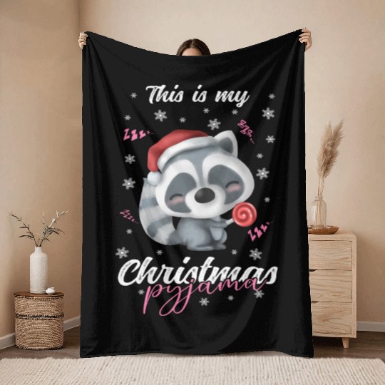 Winter Christmas Pyjama Raccoon Throw Blankets