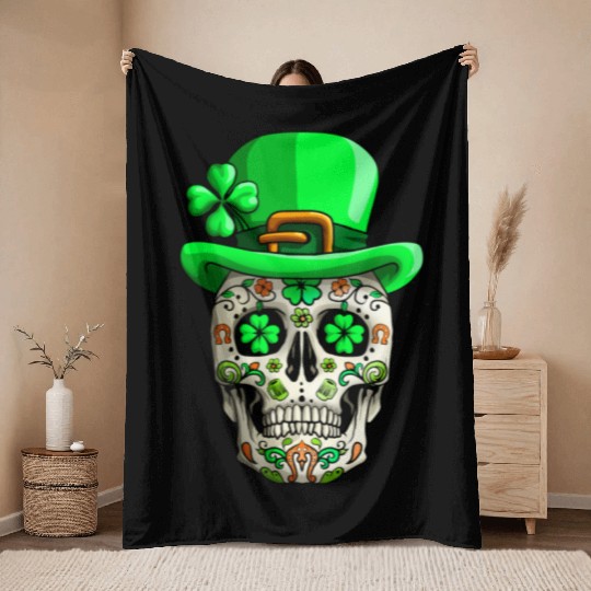 Sugar Skull Funny | Saint Patricks Day of Dead Throw Blankets
