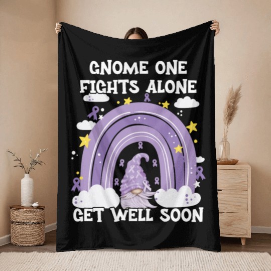 Gnome One Fights Alone Lavender Cancer Throw Blankets