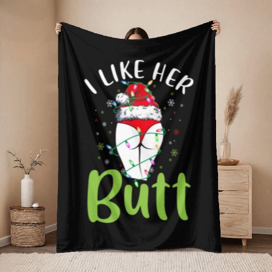 I Like Her Butt Christmas Light Matching Santa Throw Blankets