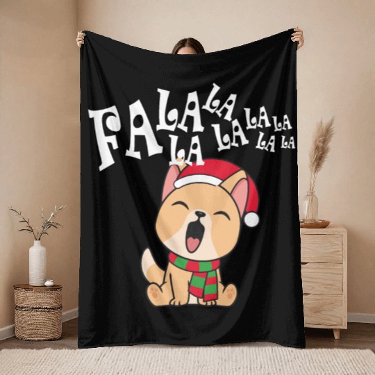 Cute Christmas Dog Singing Fa la la la Song Throw Blankets
