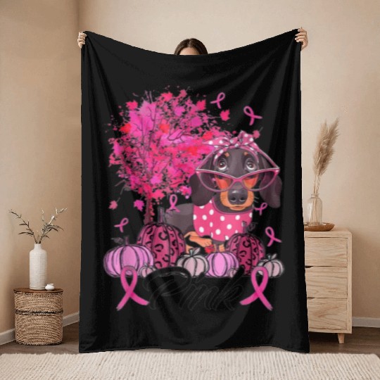 Breast Cancer Pink Dachshund Throw Blankets