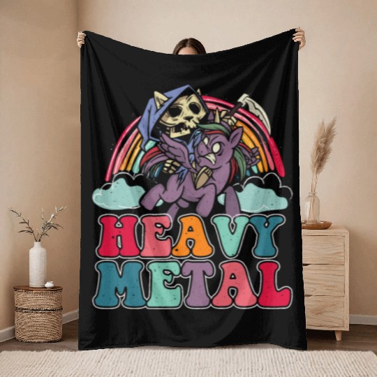Heavy Grim Unicorn Rainbow Metal Music Lover Rock Throw Blankets