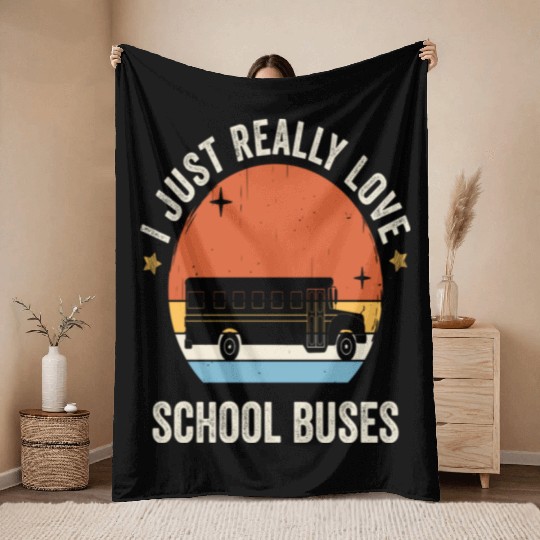 I Just Really Love School Buses Retro Vintage Throw Blankets