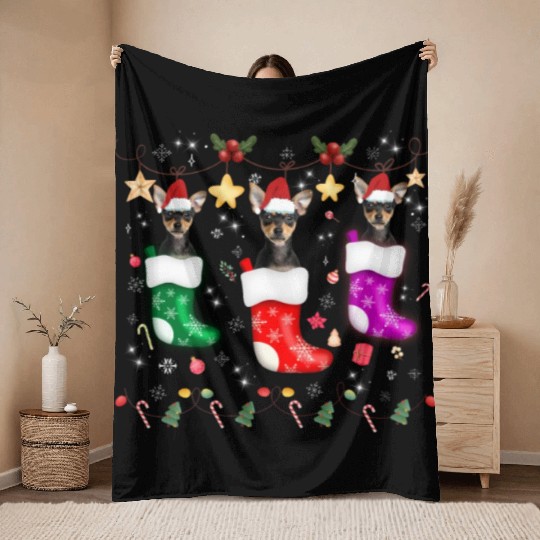 Miniature Pinscher Christmas Lights Funny Xmas Throw Blankets