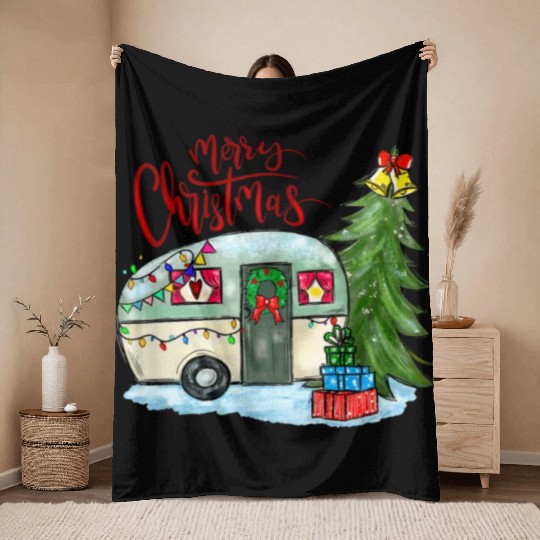 Merry Christmas Happy Camper Funny Camping Life Throw Blankets