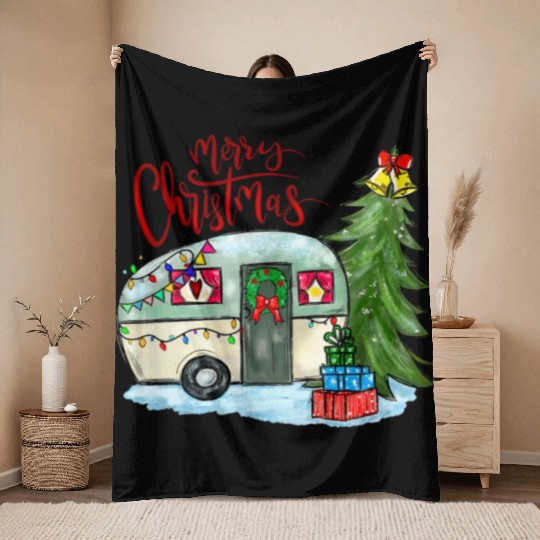 Merry Christmas Happy Camper Funny Camping Life Throw Blankets