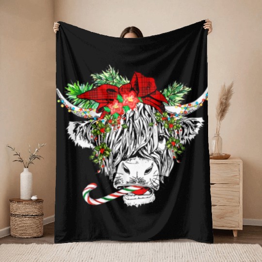 Christmas Highland Cow Merry Christmas Throw Blankets