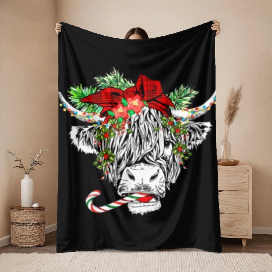 Christmas Highland Cow Merry Christmas Throw Blankets