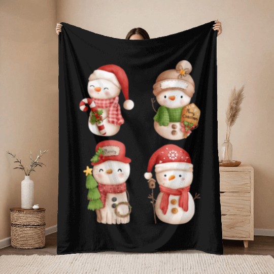 Snowmen in christmas mode happy holidays Throw Blankets