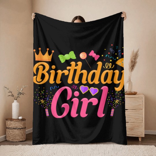 Cute Birthday Girl Colorful Pastel Throw Blankets