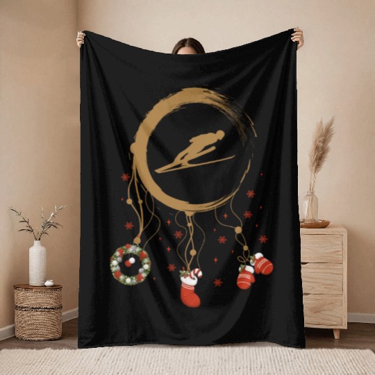 Winter dreamcatcher Christmas Ski jumping Throw Blankets