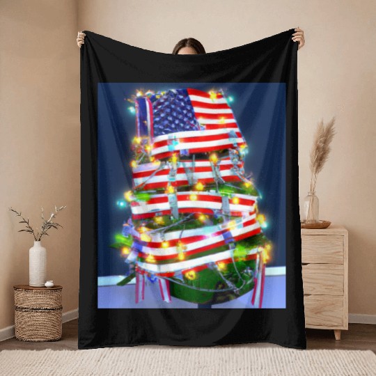 Patriotic Christmas Tree With US Flag Throw Blankets