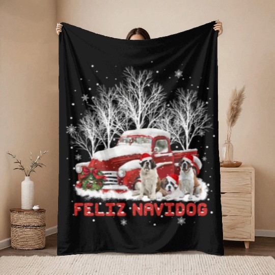 Feliz Navidog Saint Bernard Christmas Dog Lovers Throw Blankets