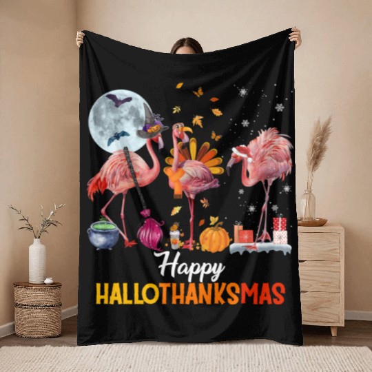 Flamingo Halloween And Merry Christmas Happy Throw Blankets