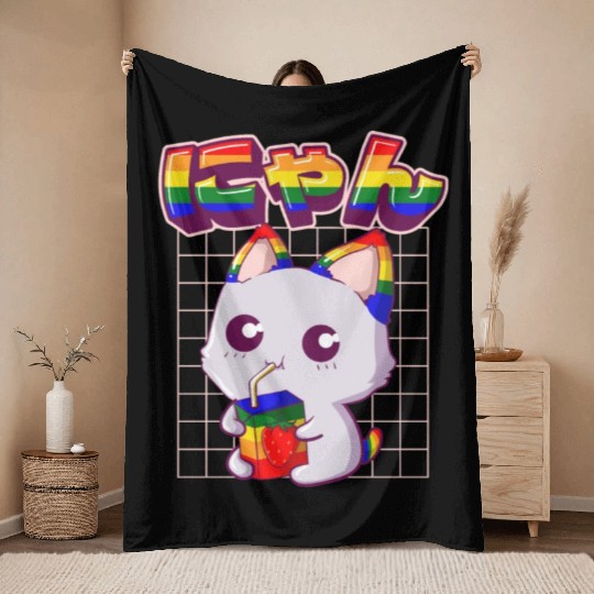 Gay Pride Kawaii Cat Strawberry Milk Rainbow Flag Throw Blankets