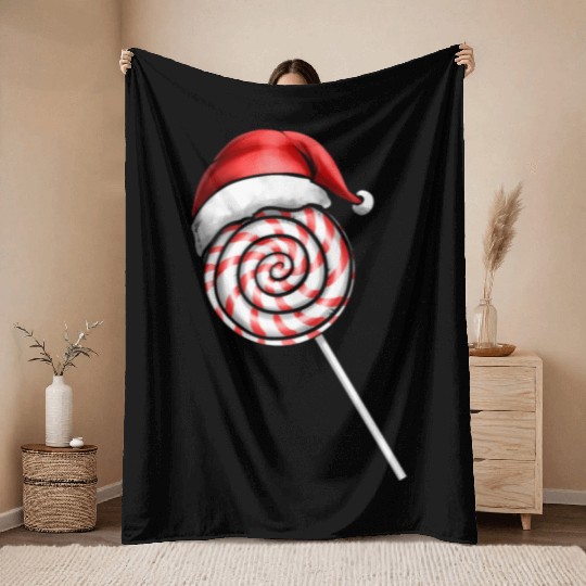 Candy Cane Lollipop Santas Hat Merry Christmas Throw Blankets