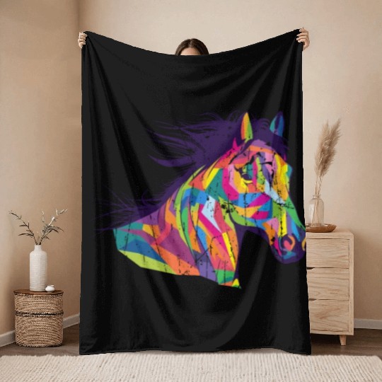 Colorful pop art horse portrait - pony Throw Blankets