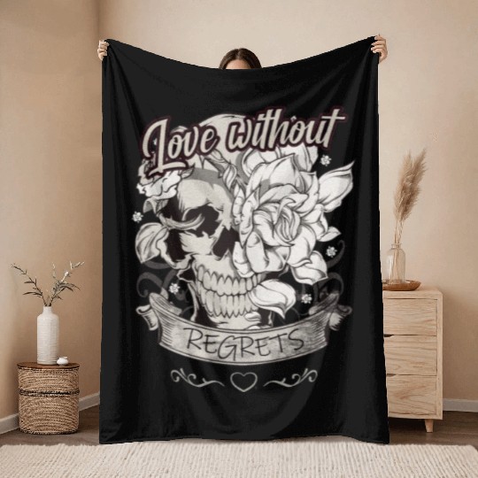 Love With No Regrets Skull With Roses Gift Throw Blankets